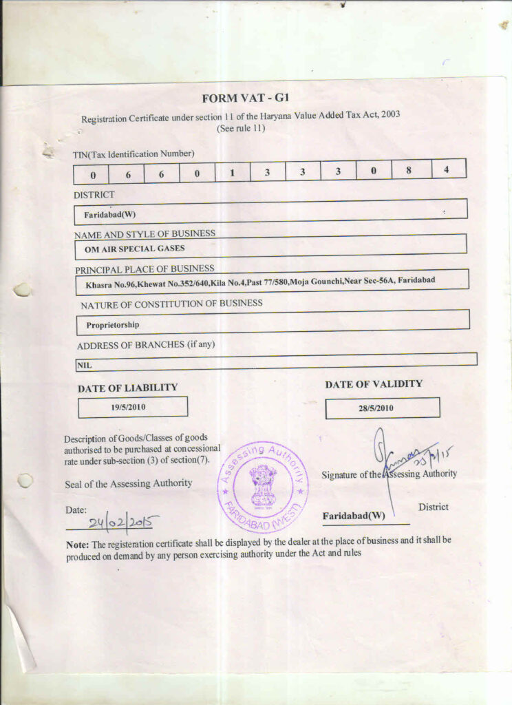 TIN VAT 1 - om air special gases